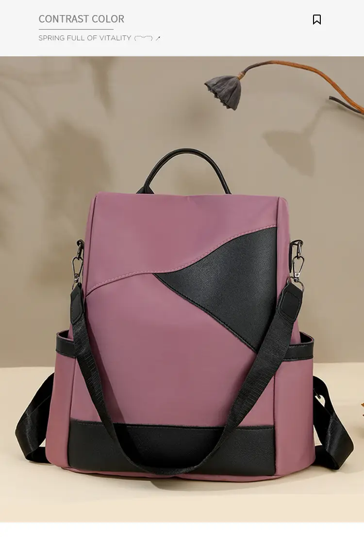 Women's Pink Black Leather Backpack with Shoulder Strap — feature 15