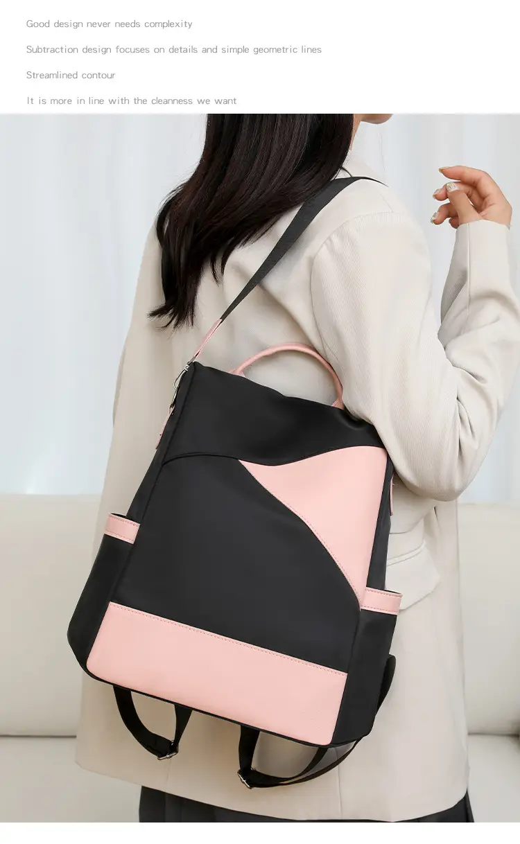 Women's Pink Black Leather Backpack with Shoulder Strap — feature 18