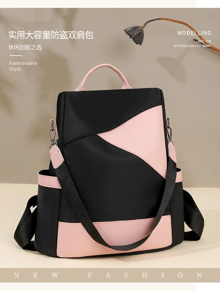 Women's Pink Black Leather Backpack with Shoulder Strap — feature 2