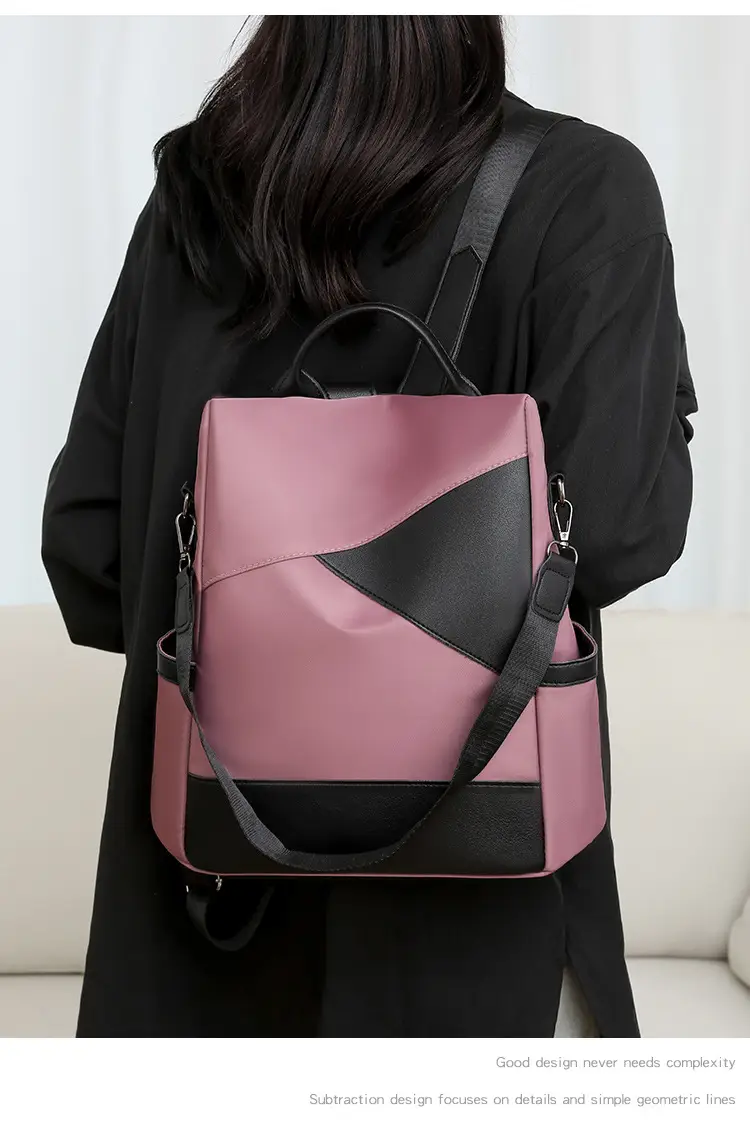 Women's Pink Black Leather Backpack with Shoulder Strap — feature 22
