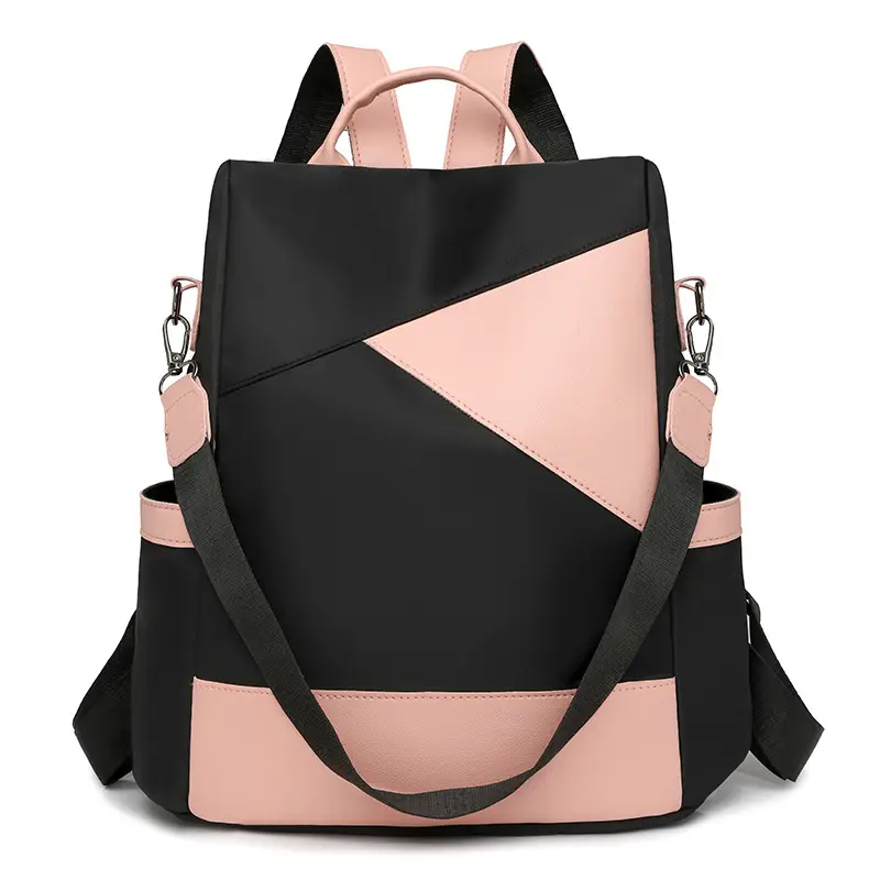 Women's Pink Black Leather Backpack with Shoulder Strap - Image 2