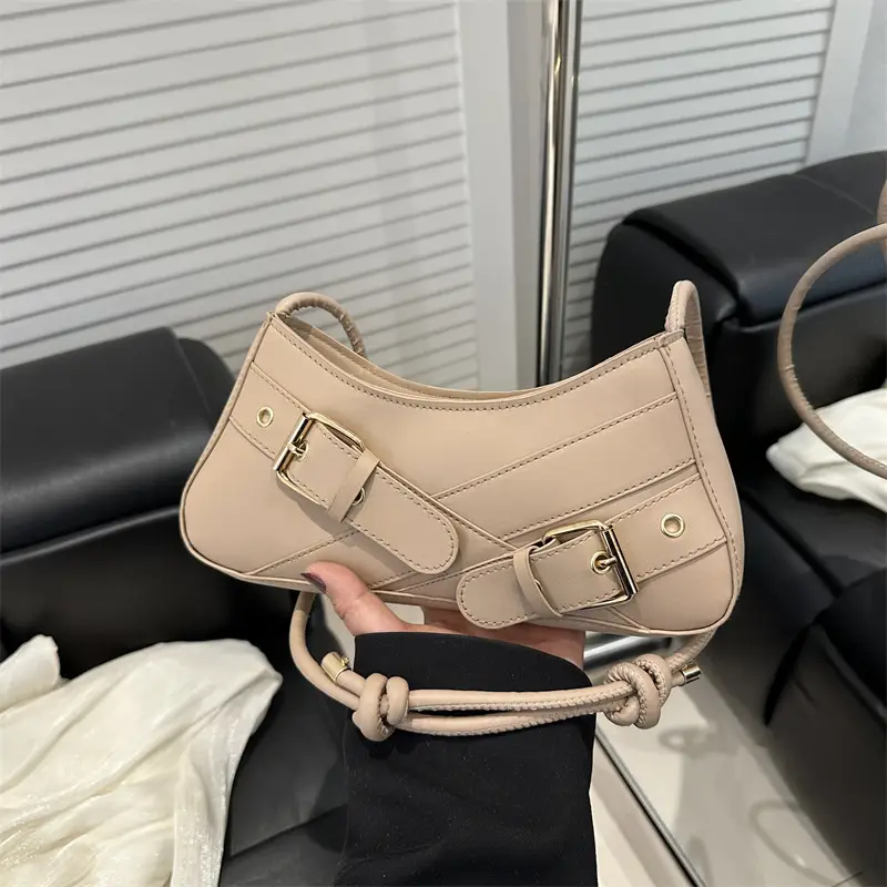 Women's Beige Wax Leather Shoulder Bag with Buckle Strap - Image 8