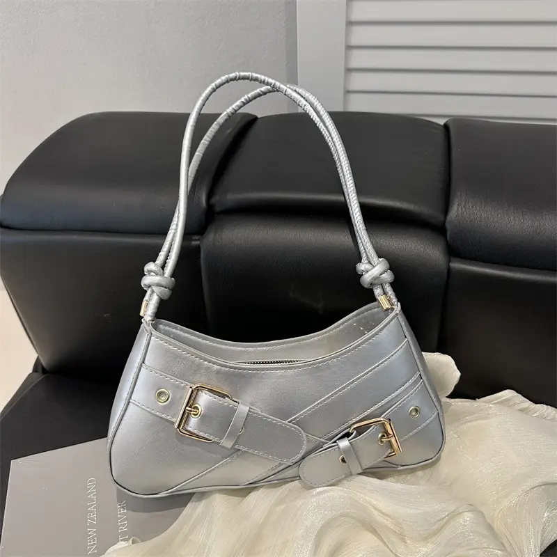 Women's Beige Wax Leather Shoulder Bag with Buckle Strap - Image 9
