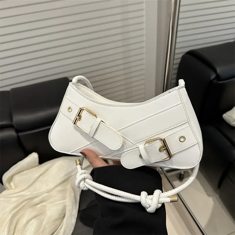 Women's Beige Wax Leather Shoulder Bag with Buckle Strap - Image 10