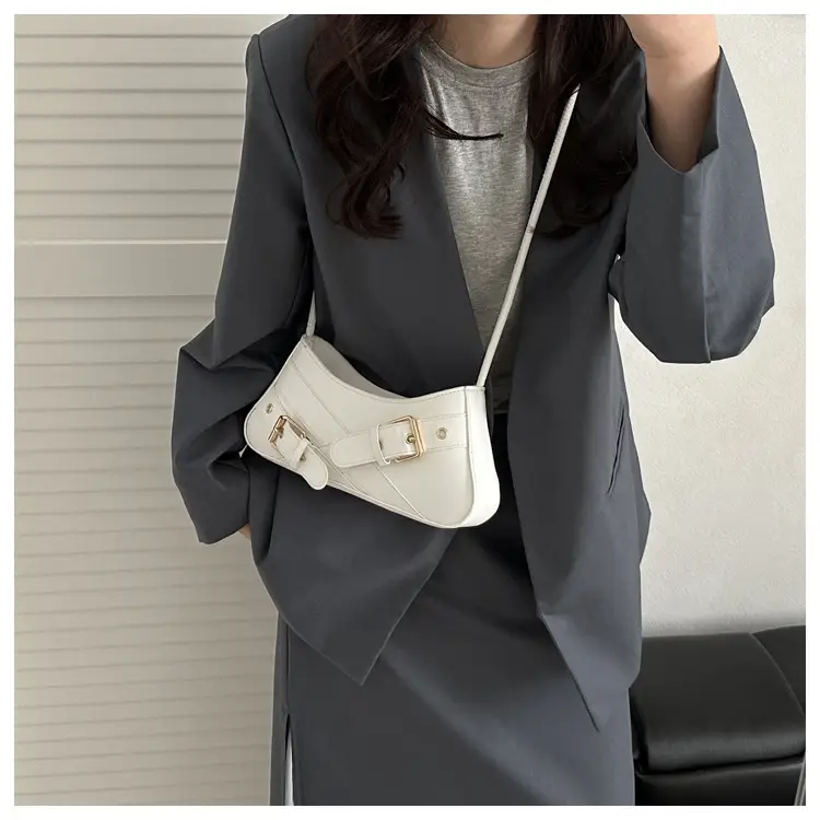 Women's Beige Wax Leather Shoulder Bag with Buckle Strap — feature 10