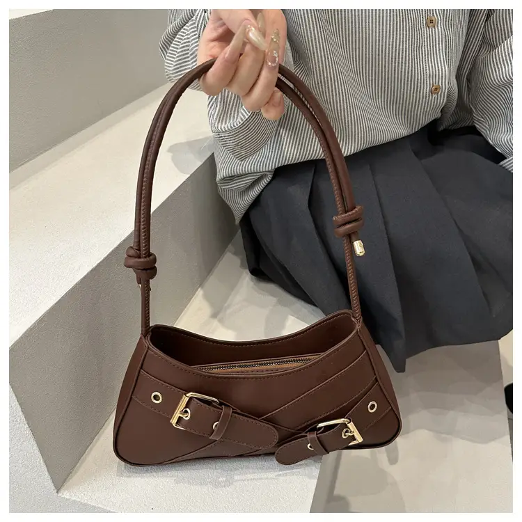 Women's Beige Wax Leather Shoulder Bag with Buckle Strap — feature 15