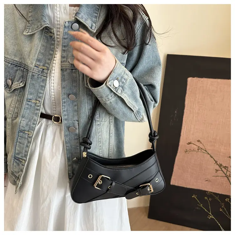 Women's Beige Wax Leather Shoulder Bag with Buckle Strap — feature 17
