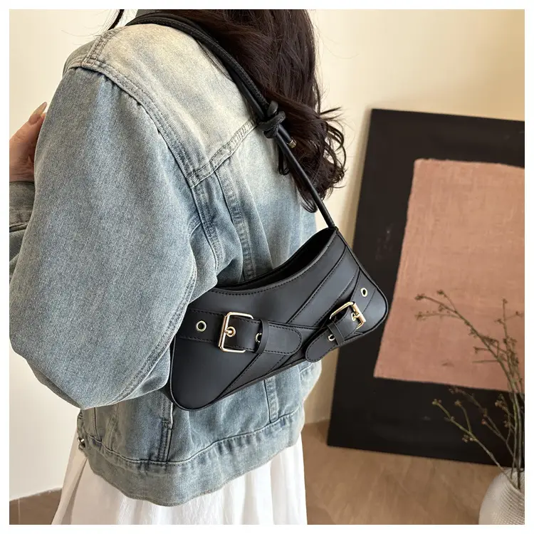 Women's Beige Wax Leather Shoulder Bag with Buckle Strap — feature 18