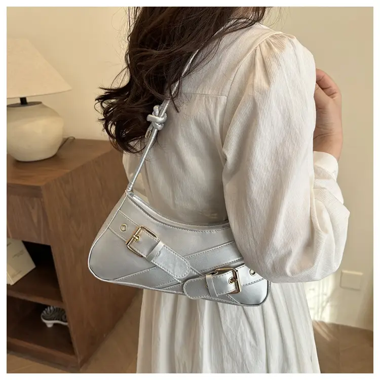 Women's Beige Wax Leather Shoulder Bag with Buckle Strap — feature 20