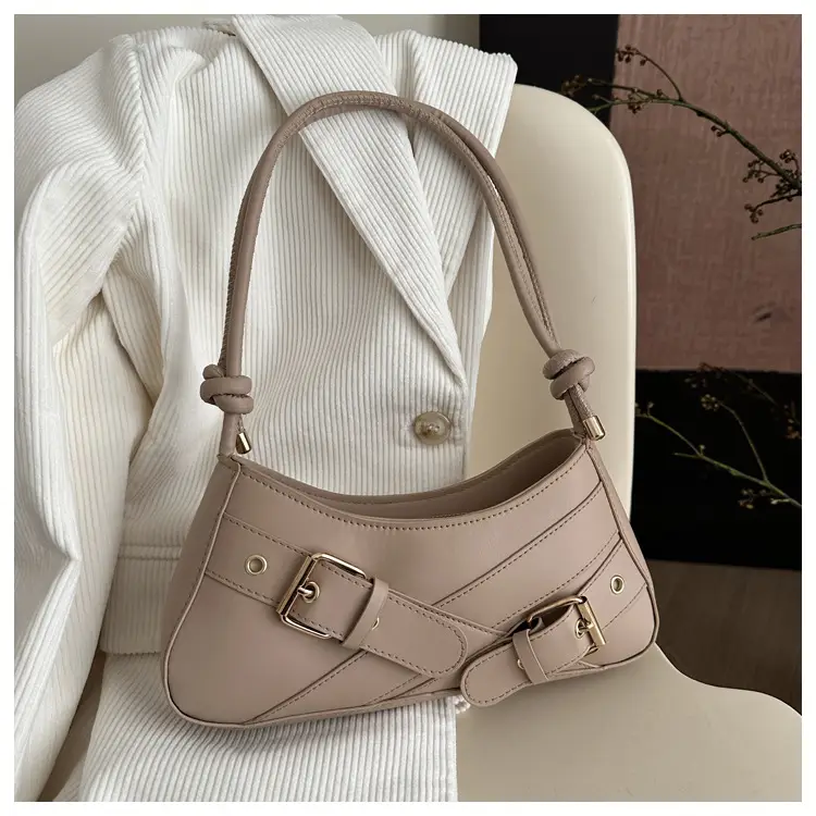 Women's Beige Wax Leather Shoulder Bag with Buckle Strap — feature 24