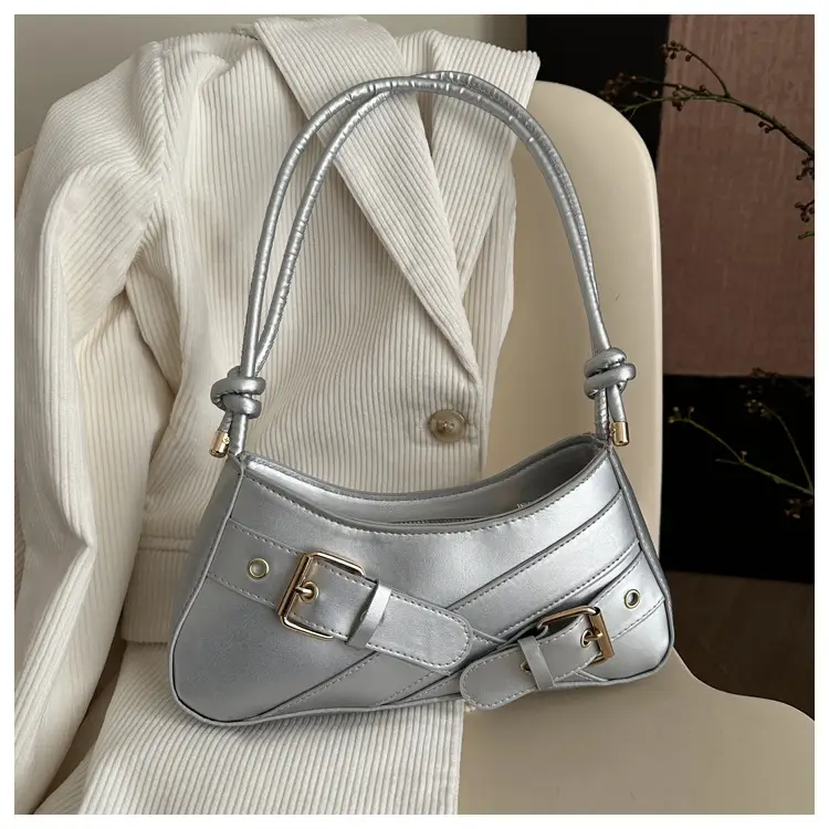 Women's Beige Wax Leather Shoulder Bag with Buckle Strap — feature 25