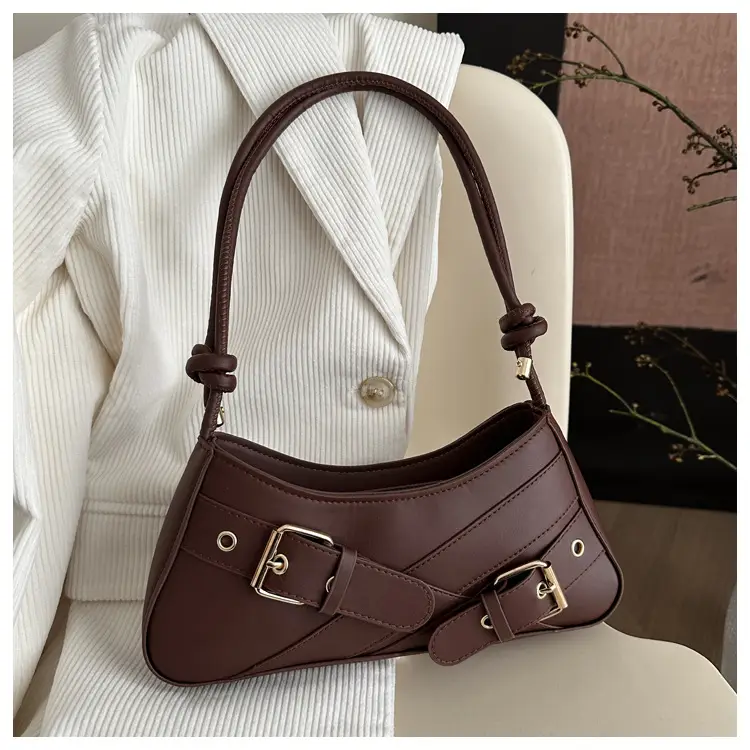 Women's Beige Wax Leather Shoulder Bag with Buckle Strap — feature 26