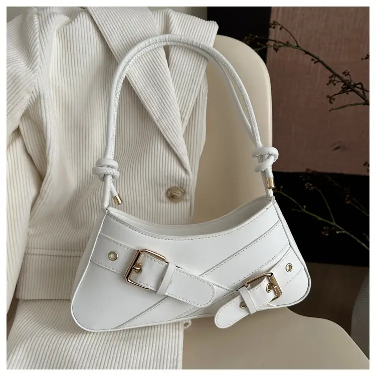 Women's Beige Wax Leather Shoulder Bag with Buckle Strap — feature 27