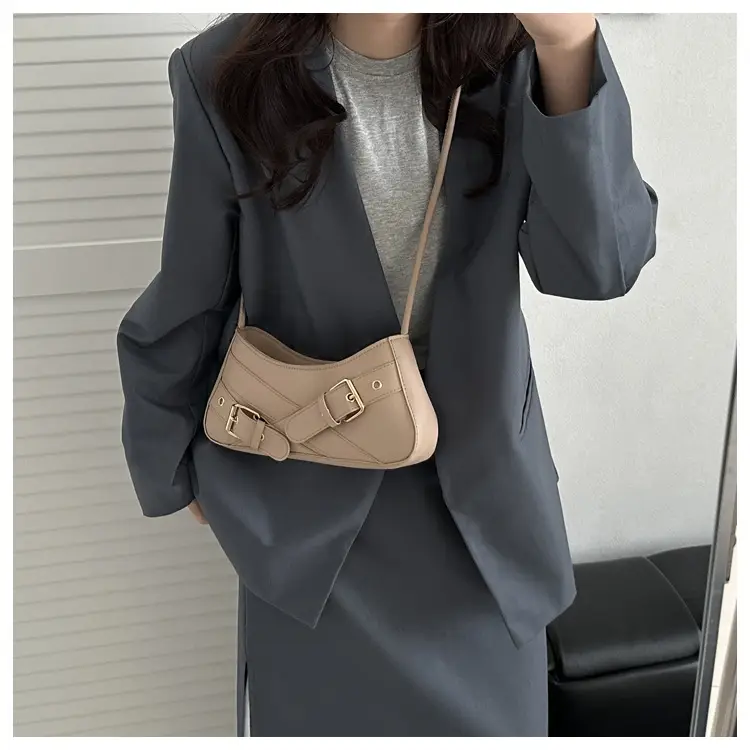 Women's Beige Wax Leather Shoulder Bag with Buckle Strap — feature 7