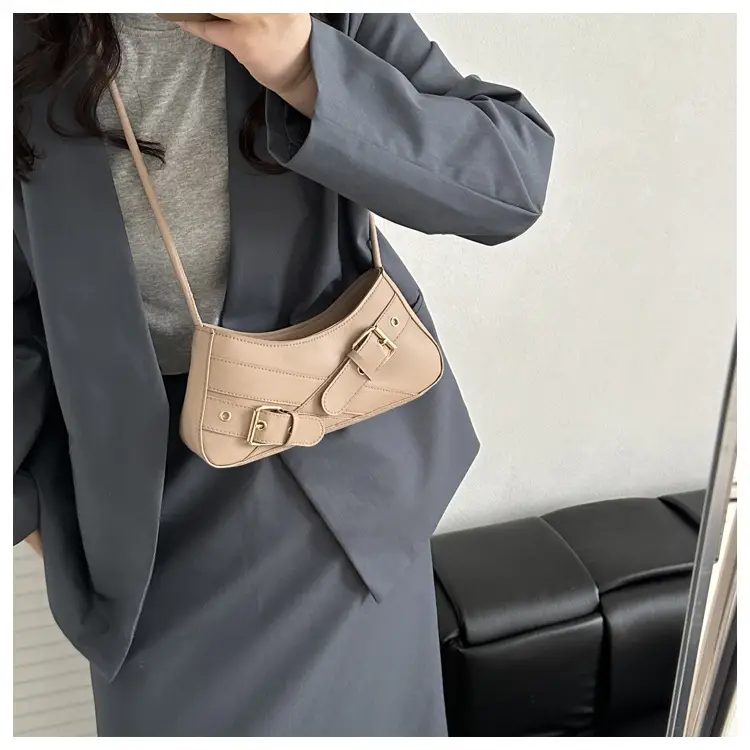 Women's Beige Wax Leather Shoulder Bag with Buckle Strap — feature 8