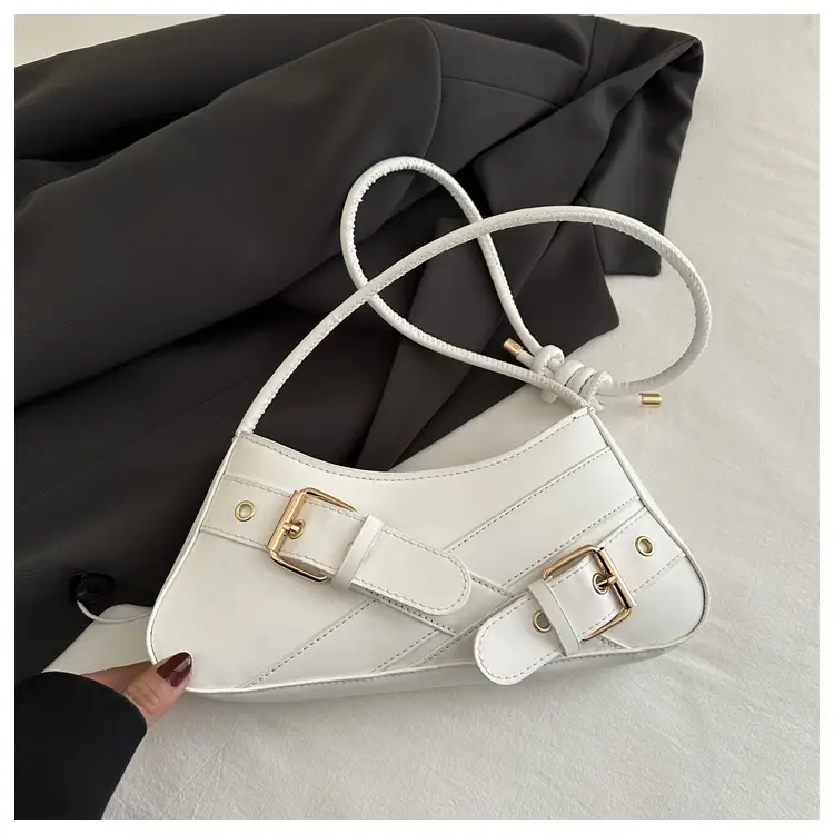 Women's Beige Wax Leather Shoulder Bag with Buckle Strap - Image 2