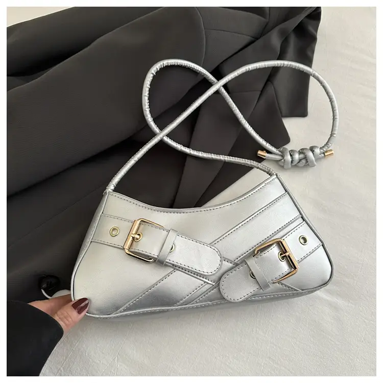 Women's Beige Wax Leather Shoulder Bag with Buckle Strap - Image 3