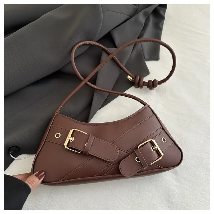 Women's Beige Wax Leather Shoulder Bag with Buckle Strap - Image 4