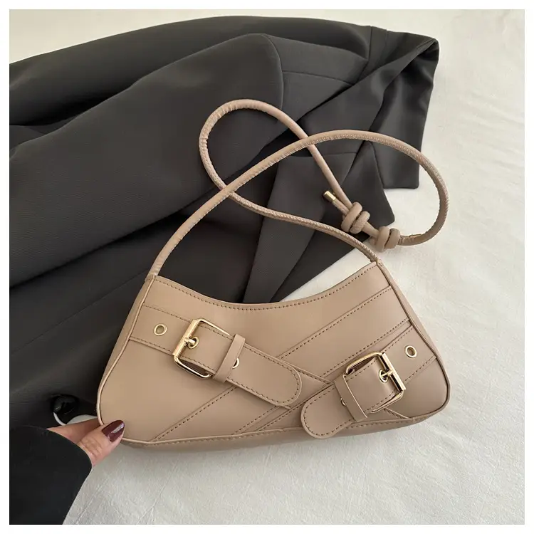 Women's Beige Wax Leather Shoulder Bag with Buckle Strap - Image 6