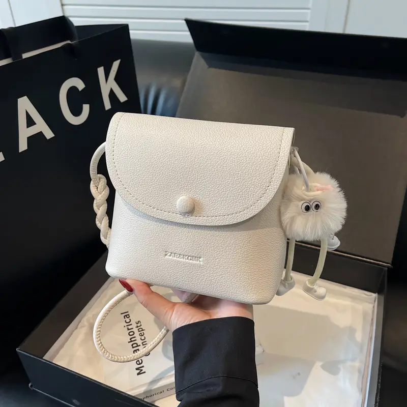Women's White Square Crossbody Bag with Fur Pom Pom - Image 5