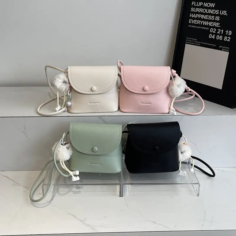 Women's White Square Crossbody Bag with Fur Pom Pom - Image 6