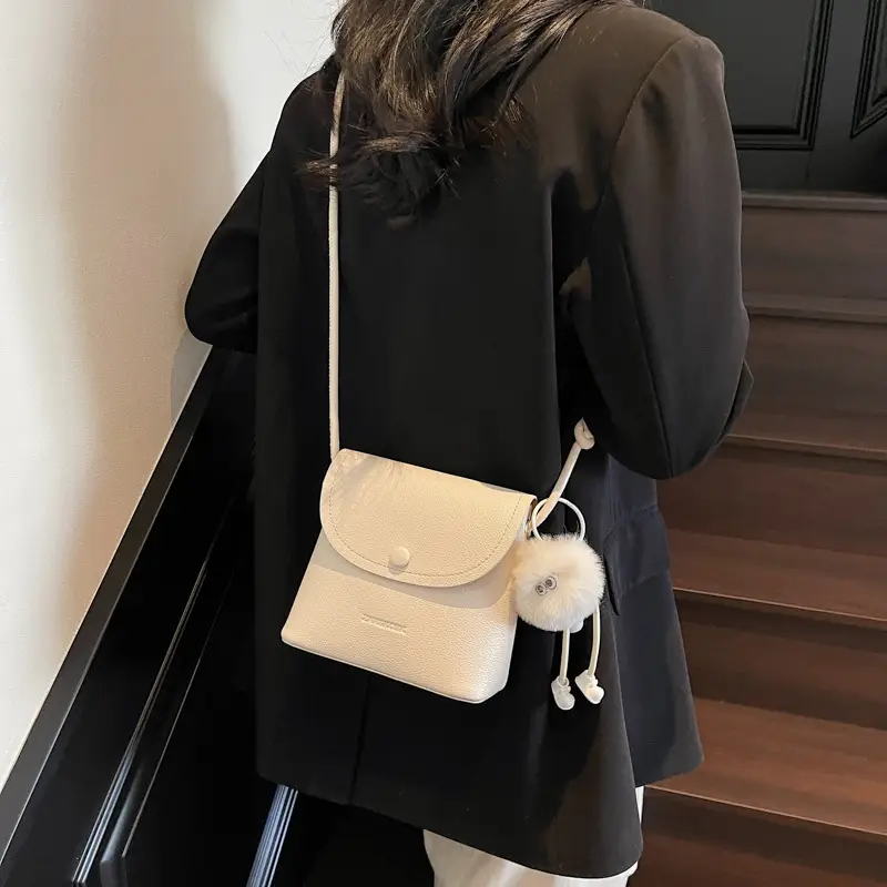 Women's White Square Crossbody Bag with Fur Pom Pom - Image 7