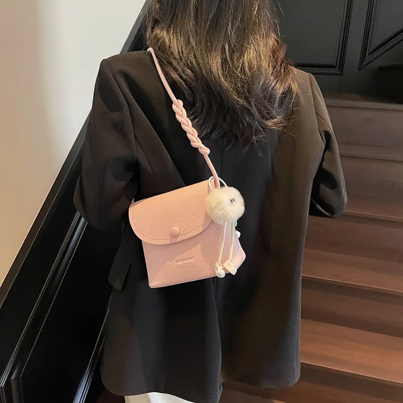 Women's White Square Crossbody Bag with Fur Pom Pom - Image 8