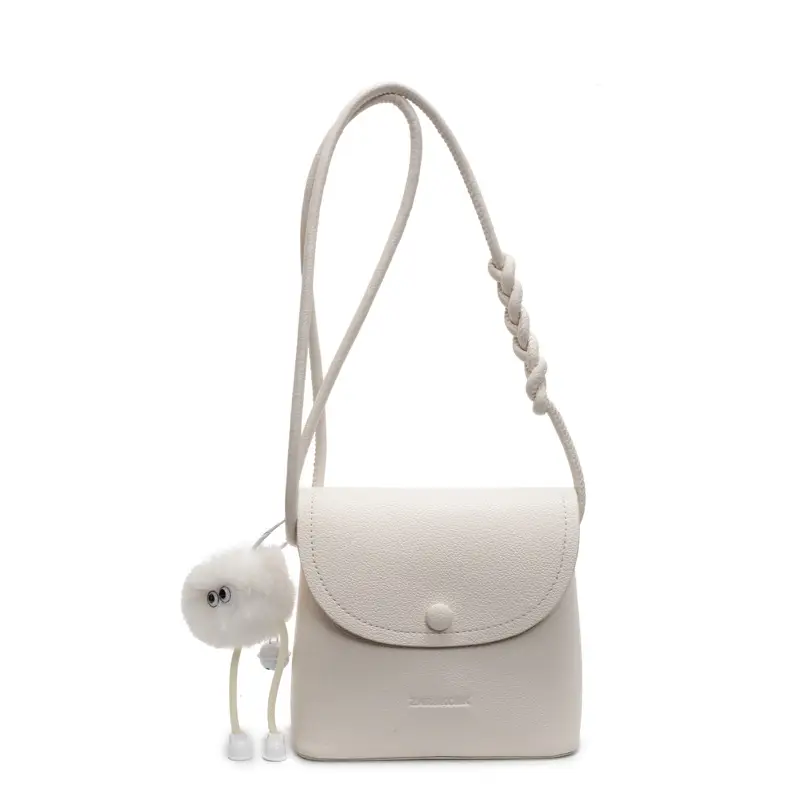 Women's White Square Crossbody Bag with Fur Pom Pom - Image 9