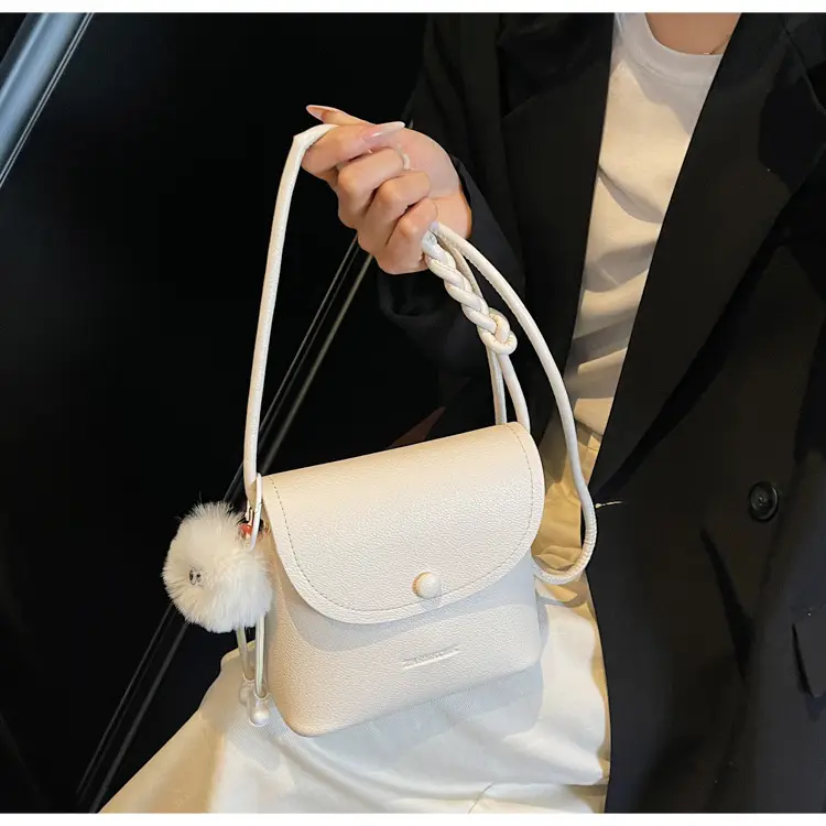 Women's White Square Crossbody Bag with Fur Pom Pom — feature 16