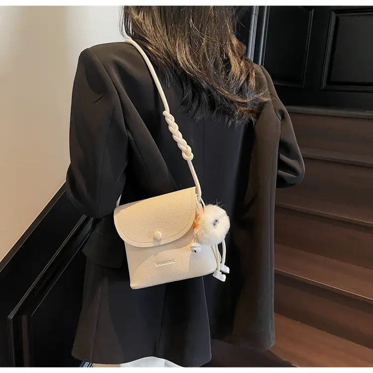 Women's White Square Crossbody Bag with Fur Pom Pom — feature 17