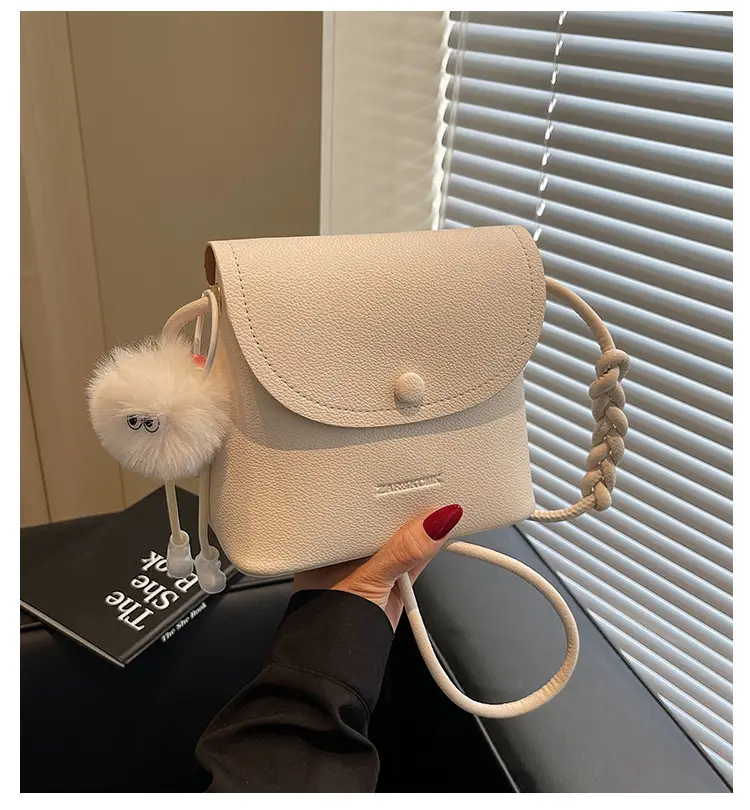 Women's White Square Crossbody Bag with Fur Pom Pom — feature 2