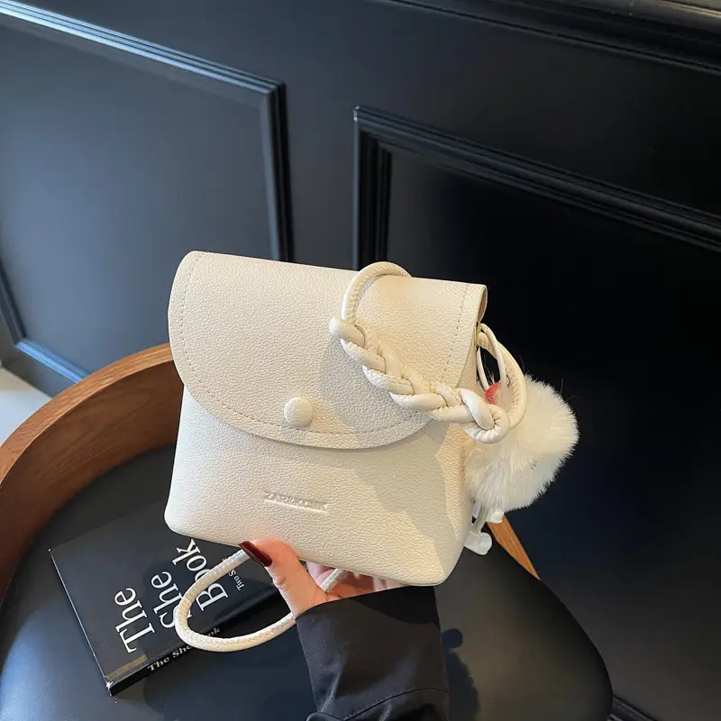 Women's White Square Crossbody Bag with Fur Pom Pom - Image 2