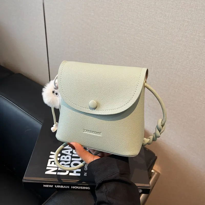 Women's White Square Crossbody Bag with Fur Pom Pom - Image 3