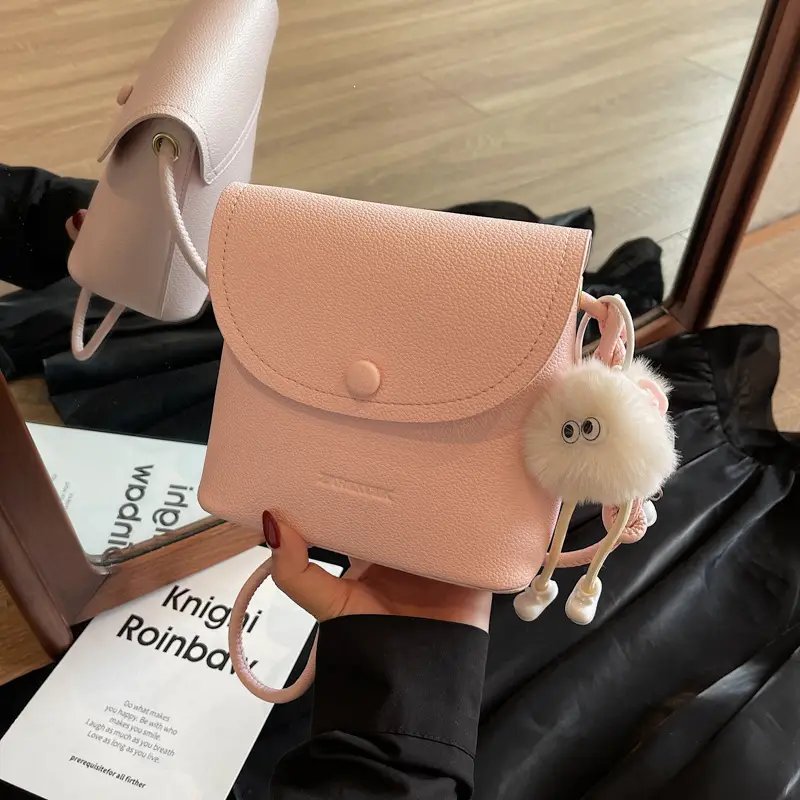 Women's White Square Crossbody Bag with Fur Pom Pom - Image 4