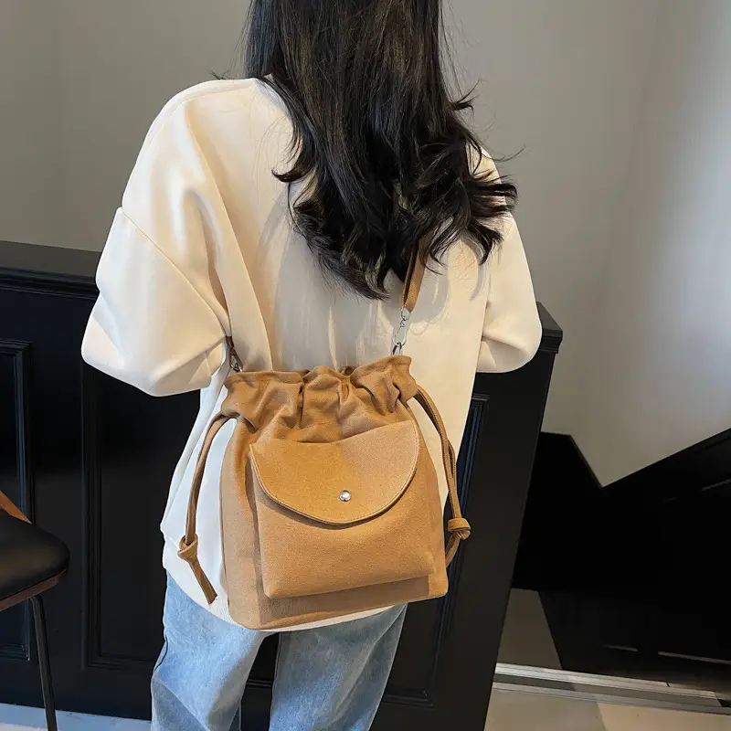 Trendy Women's Tan Bucket Bag with Drawstring Closure - Image 6