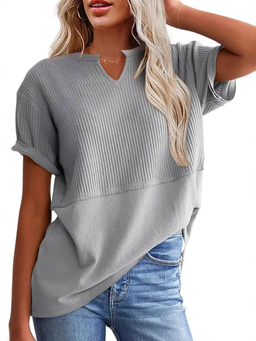 Women V-Neck Pullover Patchwork Shirt Red College Style - Image 17