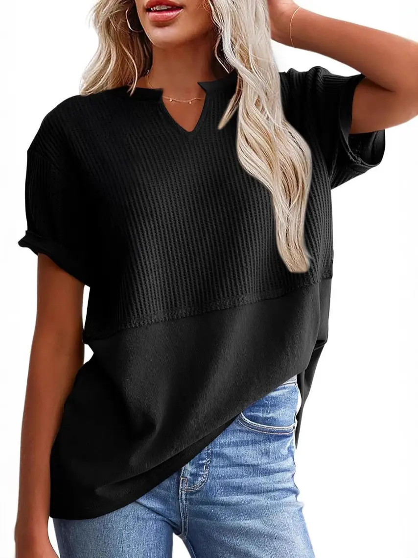 Women V-Neck Pullover Patchwork Shirt Red College Style - Image 18