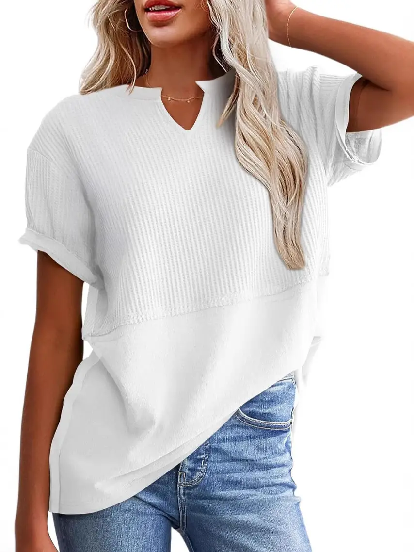 Women V-Neck Pullover Patchwork Shirt Red College Style - Image 19