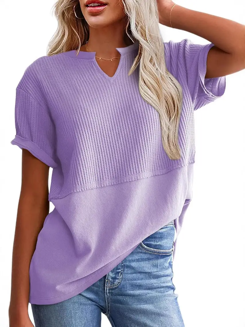 Women V-Neck Pullover Patchwork Shirt Red College Style - Image 20