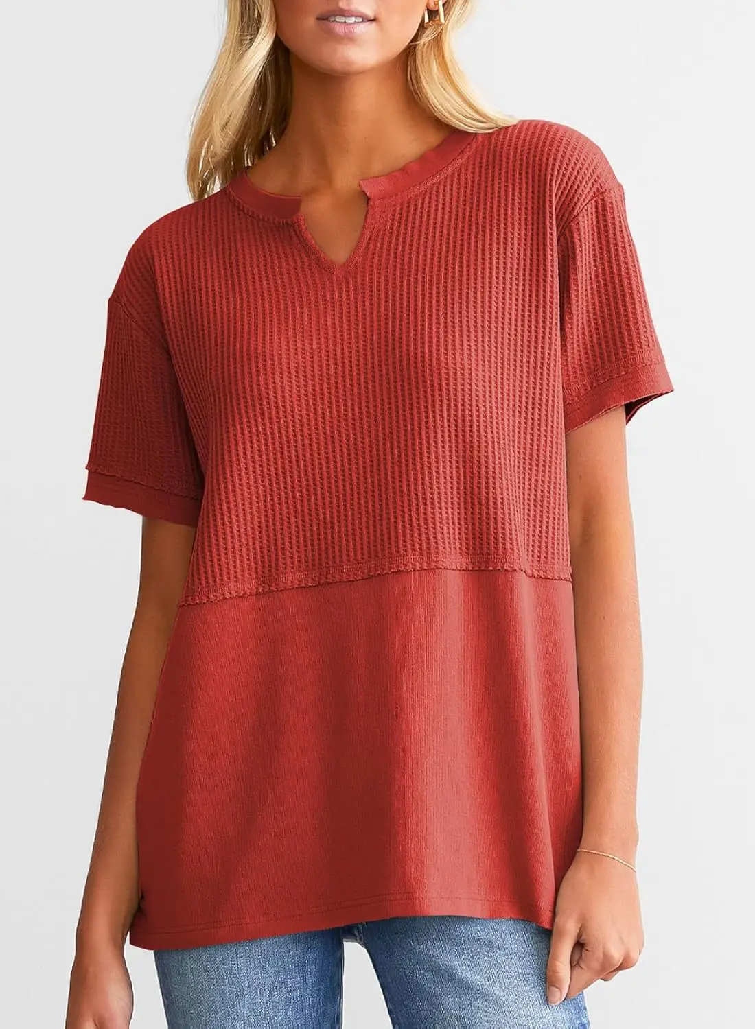 Women V-Neck Pullover Patchwork Shirt Red College Style — feature 10