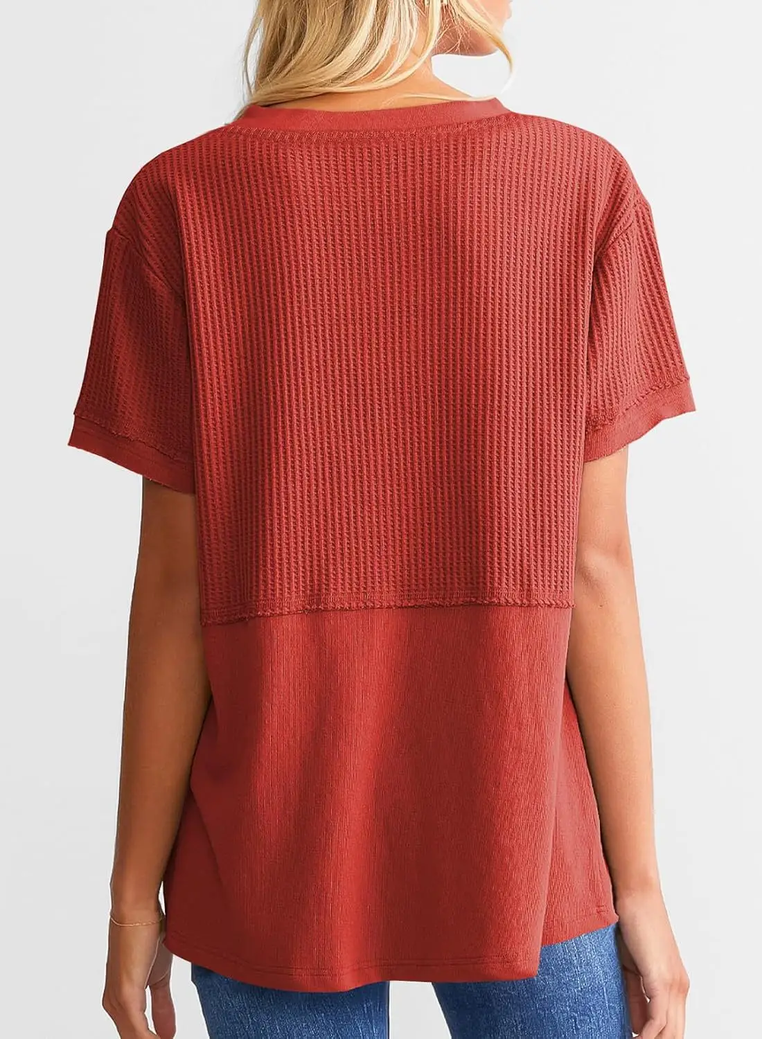Women V-Neck Pullover Patchwork Shirt Red College Style — feature 11