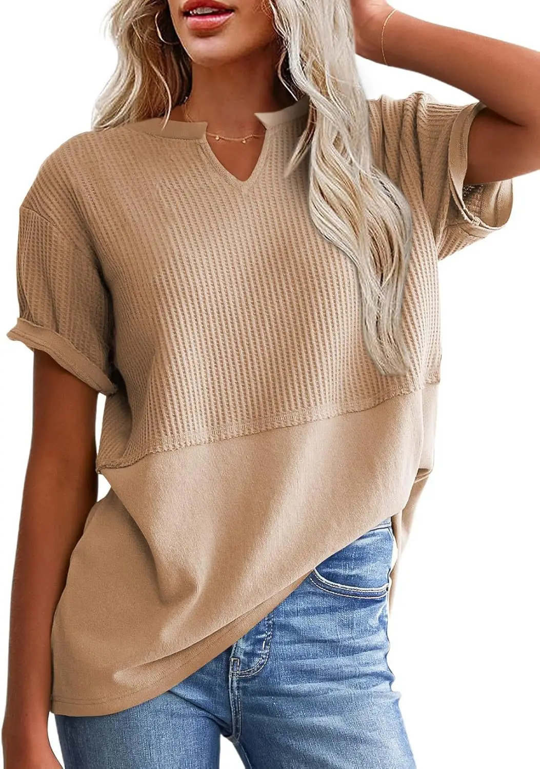 Women V-Neck Pullover Patchwork Shirt Red College Style — feature 13