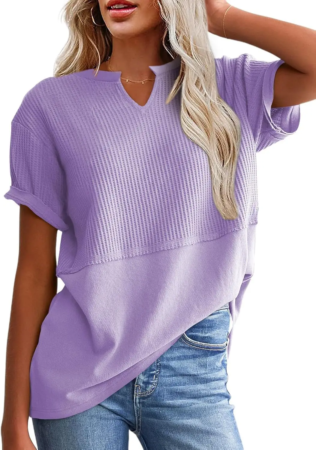 Women V-Neck Pullover Patchwork Shirt Red College Style — feature 17