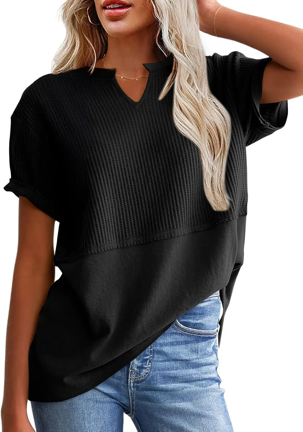 Women V-Neck Pullover Patchwork Shirt Red College Style — feature 25