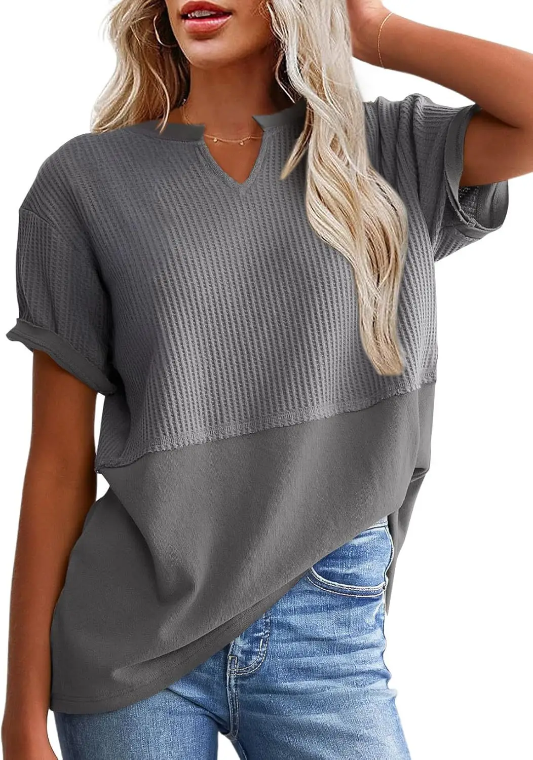 Women V-Neck Pullover Patchwork Shirt Red College Style — feature 29