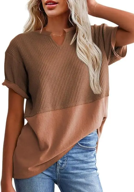 Women V-Neck Pullover Patchwork Shirt Red College Style — feature 32