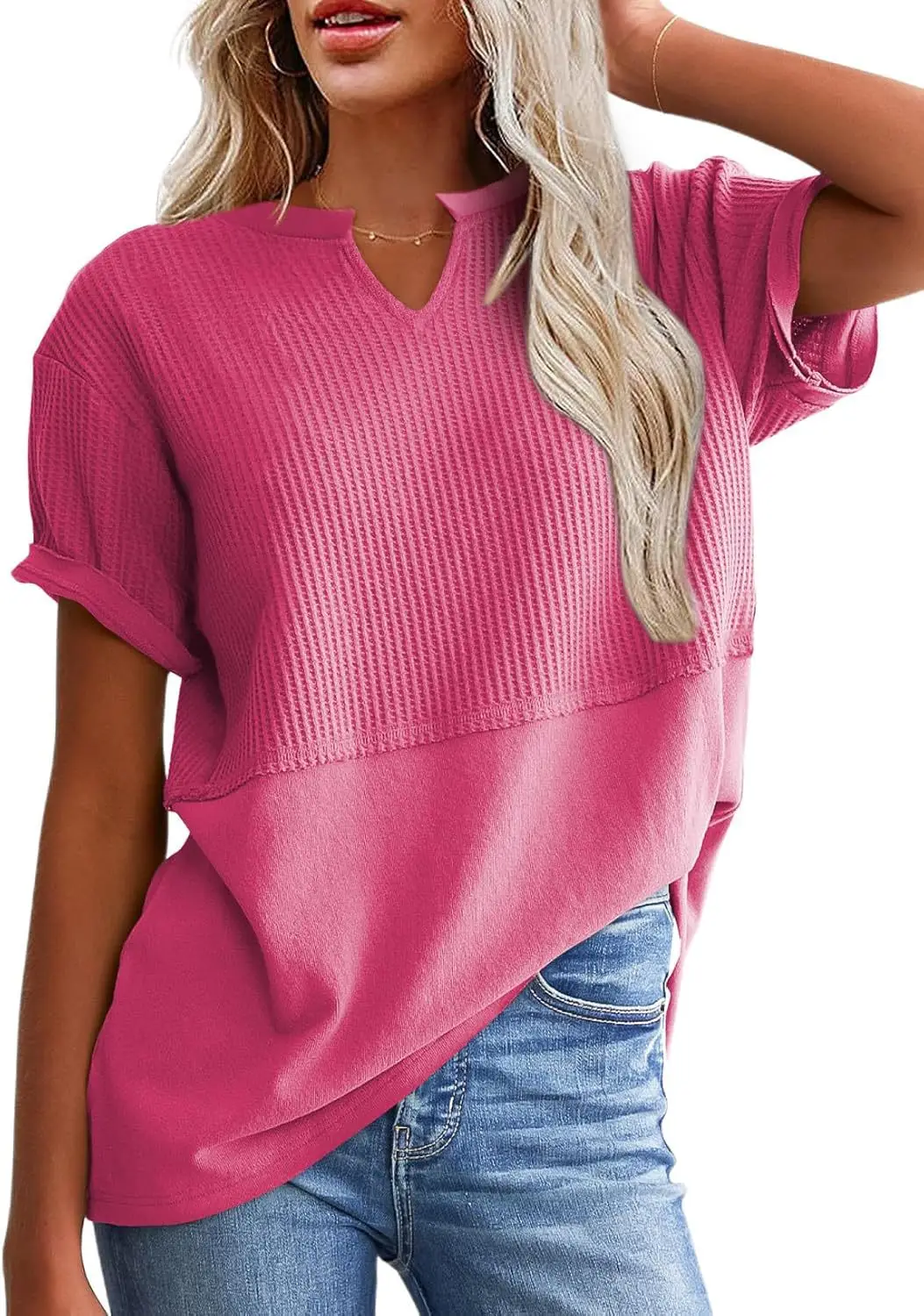 Women V-Neck Pullover Patchwork Shirt Red College Style — feature 36
