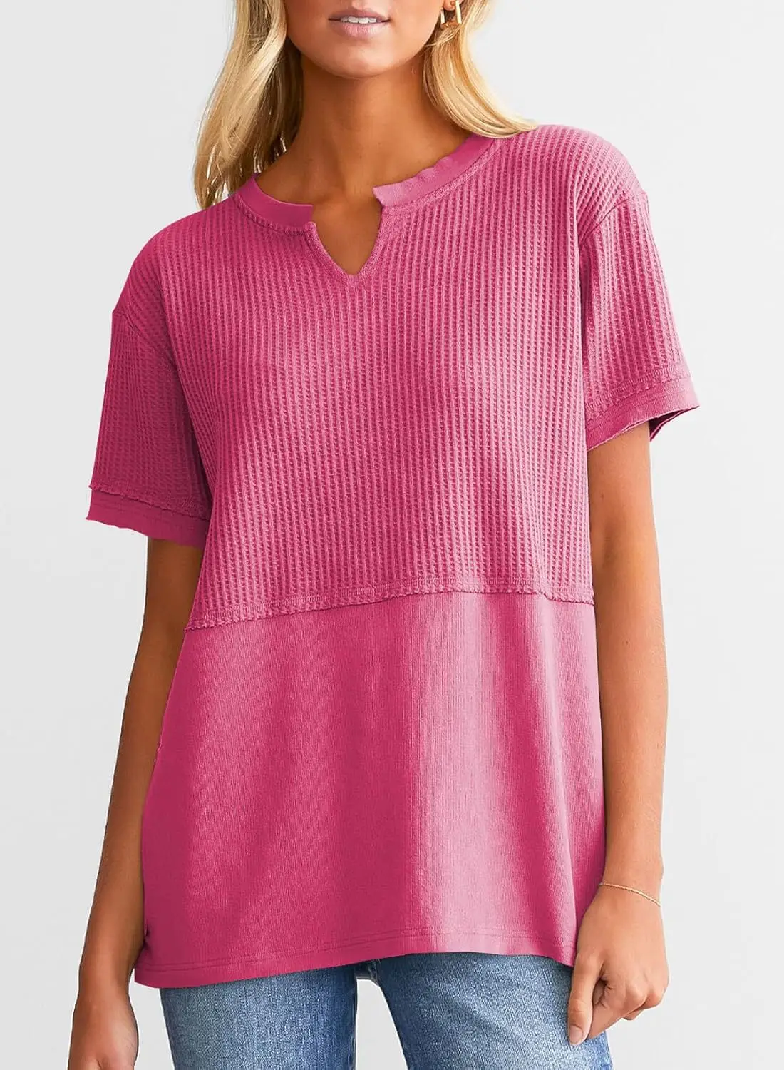 Women V-Neck Pullover Patchwork Shirt Red College Style — feature 37