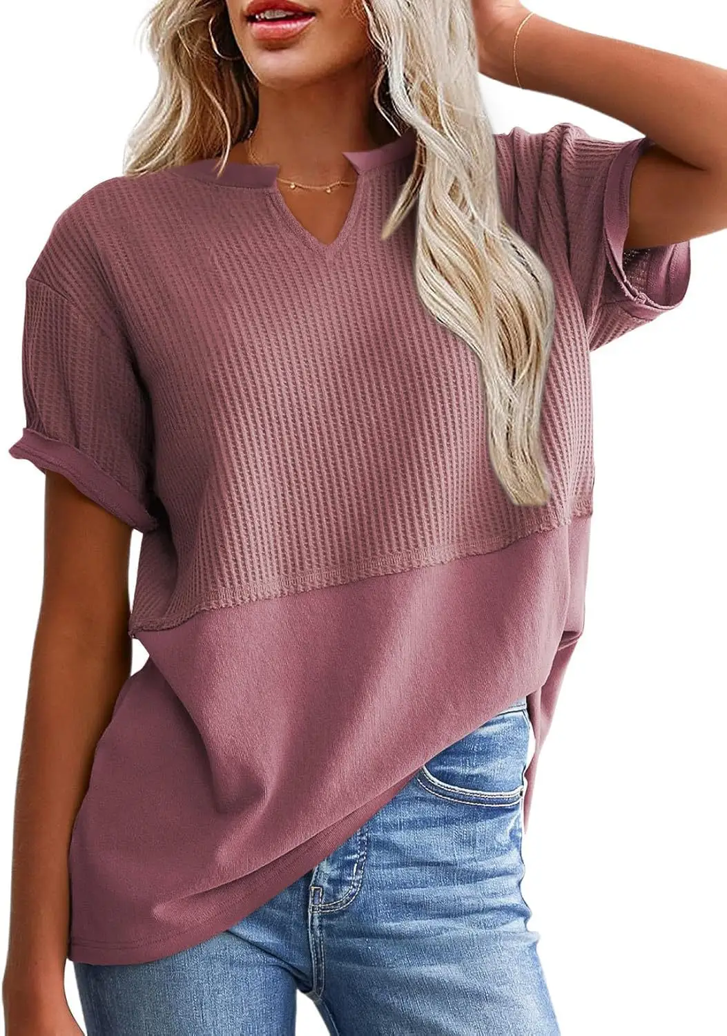 Women V-Neck Pullover Patchwork Shirt Red College Style — feature 40
