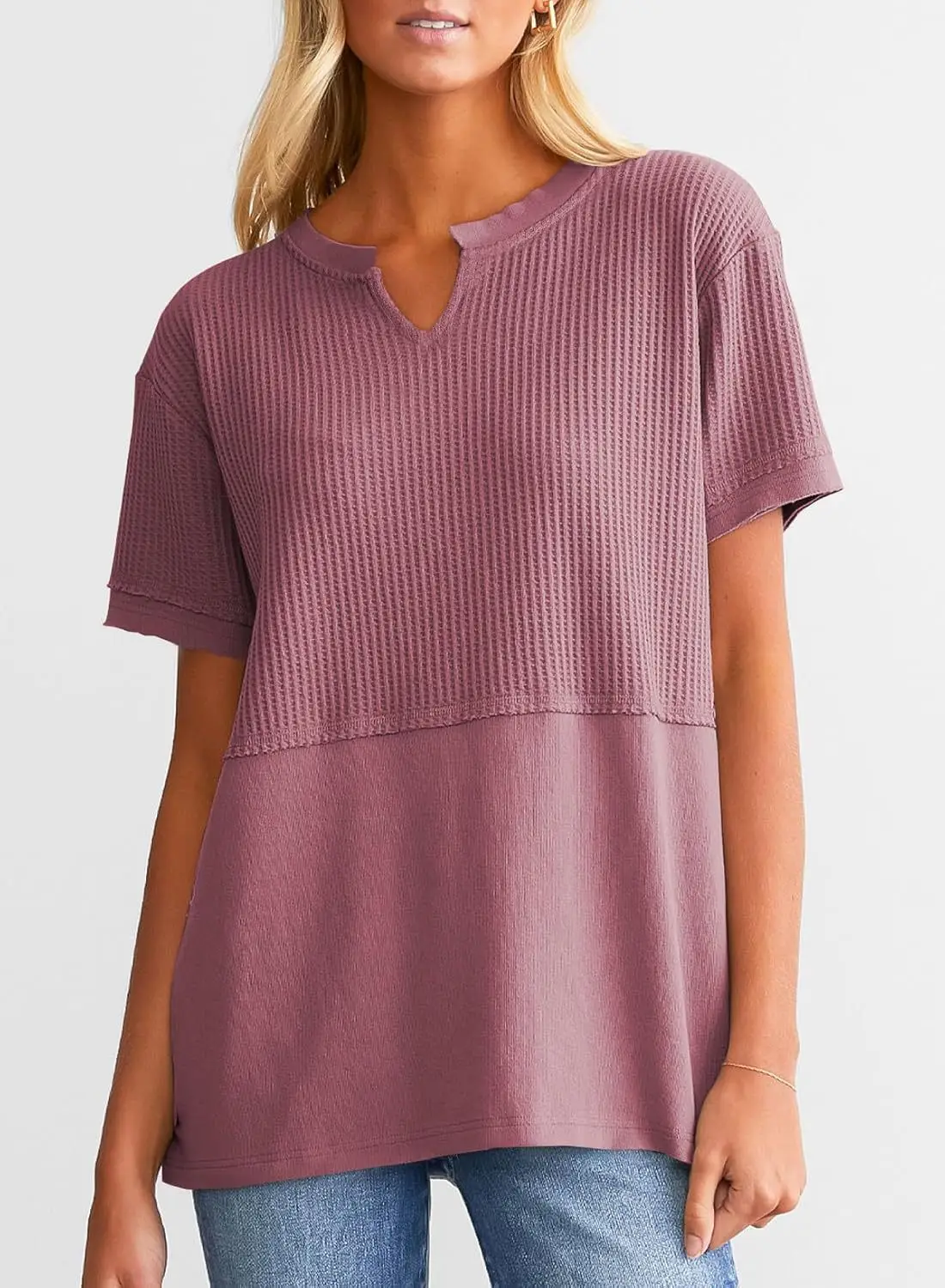 Women V-Neck Pullover Patchwork Shirt Red College Style — feature 41